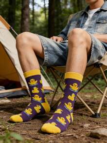 1 Pair Men's Mid-Calf Socks With Cute Duck Swimming Pattern, Spring/Summer - Purple - View 3