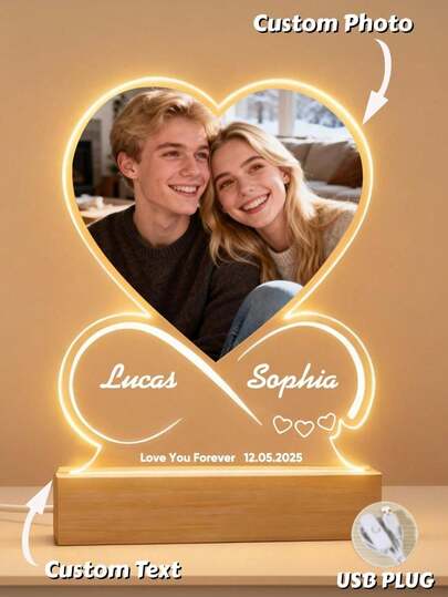 1pc Personalized Acrylic Heart-Shaped Photo Frame Acrylic Spotify Theme Plaque With Night Light, Couple Anniversary Gift, Suitable For Anniversary, Valentine's Day, Mother's Day, Birthday, Father's Day, Graduation, Wedding, Housewarming, Vintage, Home Decor, Collectible, Reusable, Cute, High Quality