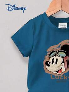 Disney 2pcs Mickey Mouse Summer Baby Boy Casual Shorts Set, Toddler Minimalist "Lucky Mickey" Cartoon Print Short Sleeve T-Shirt With Elastic Waist Matching Solid Color Elastic Shorts, Children Daily Outings Breathable Comfortable Fashionable Sweat-Absorbent Clothing, Great Gift - Blue - View 4