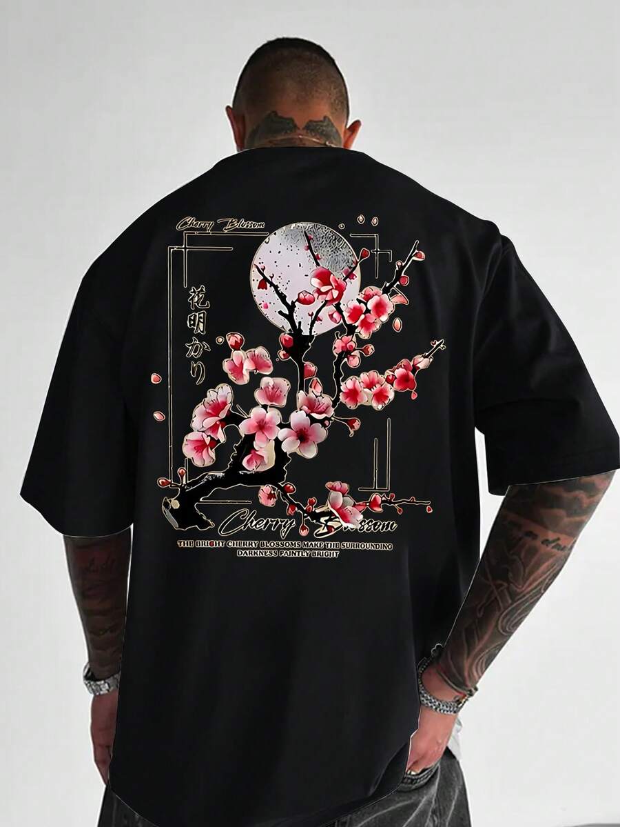 加大码男士创意日式樱花及英文印花休闲通勤圆领短袖T恤，夏季 - 黑色 - 查看 1