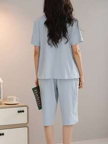 1 Set Women's Modal Short Sleeve & 3/4 Pants Soft Comfortable Pajamas - Baby Blue - View 2