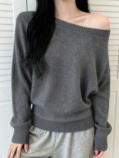 Vintage Loose Oversized Asymmetrical Shoulder Sweater, Women's Super Large Oblique Shoulder Knit Top, Autumn