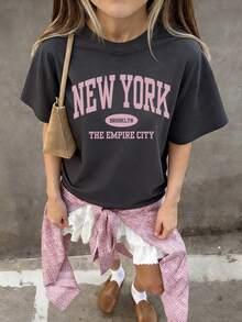 1件女童休闲印花圆领短袖T恤，色彩鲜艳的时尚图案T恤，适合学生和青少年，夏季款 - 深灰色 - 查看 2