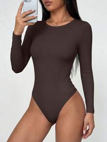 Women Spring Bodysuits For Long Sleeve Shirts Fitted Basic Ribbed Layering Bodys Tops Fall Fashion Winter Clothes Dark Brown Vacation Rompers Outfits For Women - Dark Brown - View 3