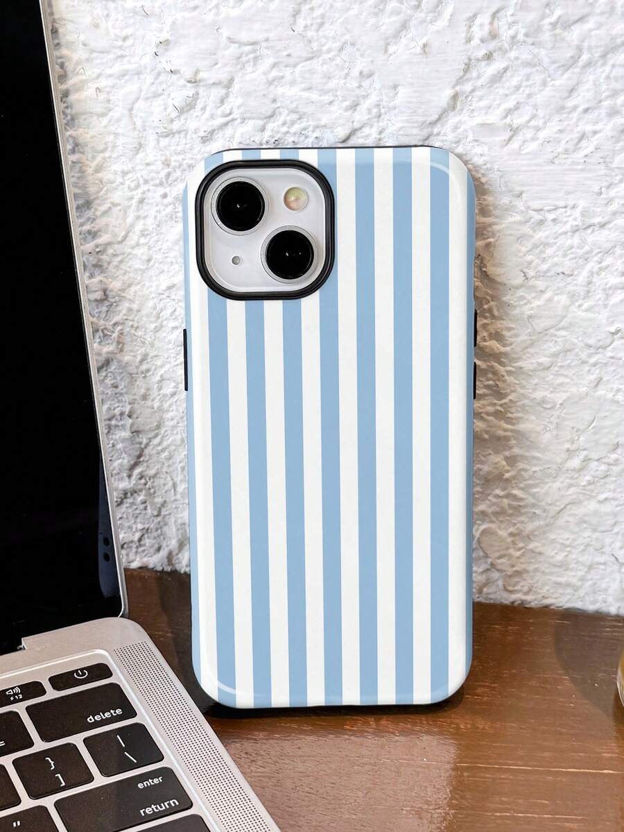 Casing Ponsel Minimalis Motif Garis Vertikal Biru dan Putih 1 buah, Motif Garis Berwarna Artistik Mengkilap 2-in-1, Casing Ponsel Keras Full Coverage, Kompatibel dengan / 11/12/13/14/15/16/17 Pro Max, Hadiah Musim Semi - MultiWarna - View 1