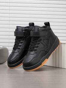 1 Pair Kids High-Top Breathable Casual Running Shoes, Easy On/Off, Lightweight & Comfortable, Fashionable Color Block Design, Suitable For Boys & Girls - Black - View 10