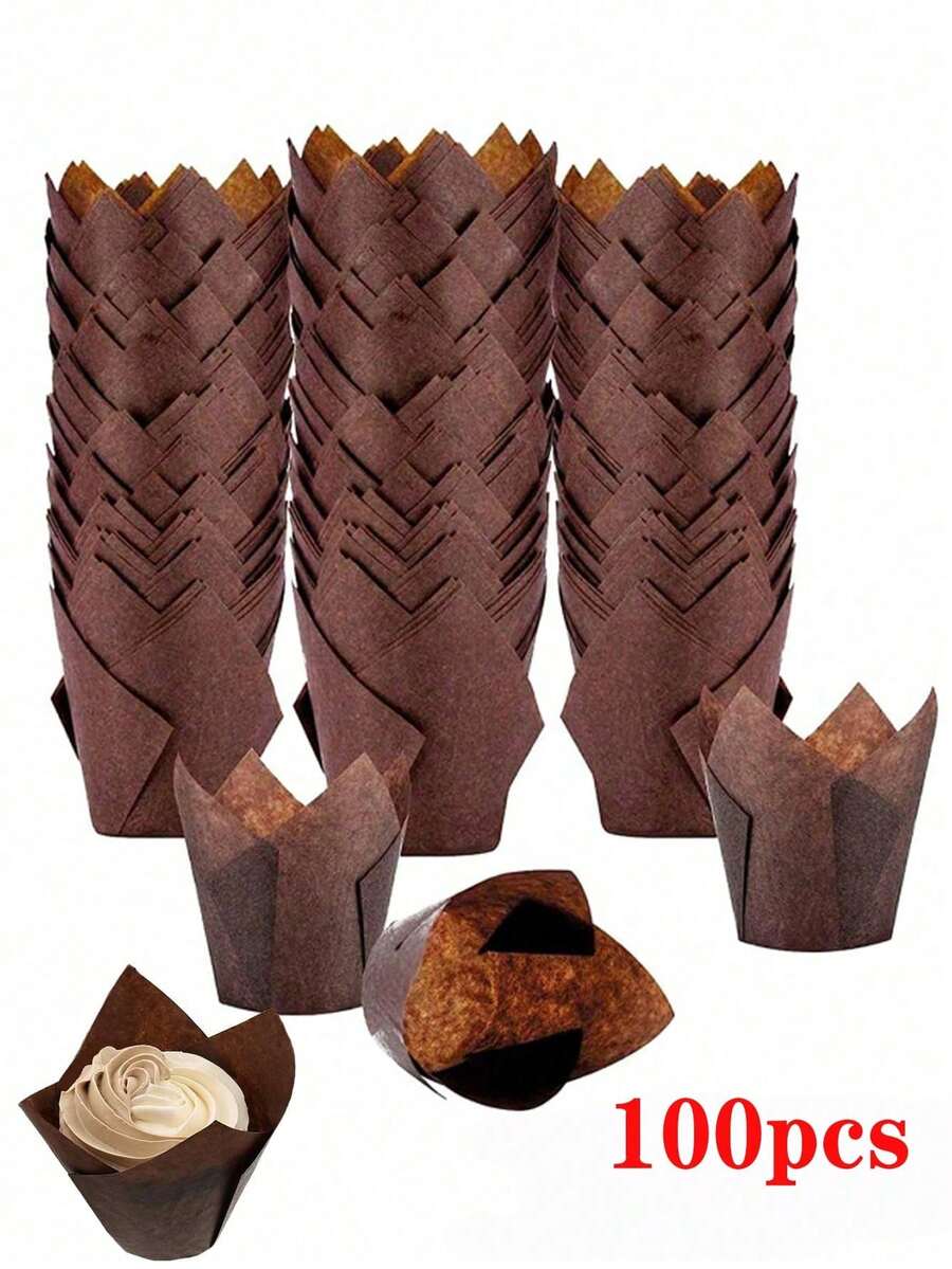 100 piezas de moldes para cupcakes con diseño de tulipán, herramientas de horneado y accesorios de cocina, tazas de papel kraft marrón aptas para muffins y postres - esenciales para hornear en días festivos, cumpleaños, bodas y baby showers, con diseño antiadherente y de fácil desmoldado