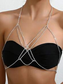 1件性感水钻交叉胸罩链，女士夜店比基尼饰品配饰，情人节礼物 - 銀色 - 查看 1