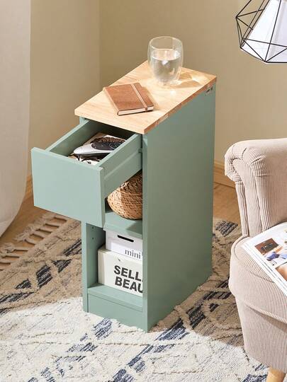 SoBuy Narrow Bedside Table, Nightstand, Side Table With Drawer And 2 Shelves, Bedside Cabinet For Bedroom, Living Room, Green, W20 X D35 X H61 Cm, FBT111-GR