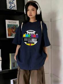 新款夏季 Z 世代 Y2K 风格女式趣味印花圆领短袖 T 恤 - 藏蓝色 - 查看 4