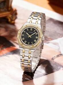 Guess 奢华双色金属女士腕表，优雅水晶镶嵌表圈，时尚银色和金色不锈钢链式表带腕表 GW0770L4 - 黑色 - 查看 6