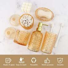 5-Piece Diamond-Cut Glass Bathroom Accessories Set, Rust-Proof Toothbrush Holder & Soap Dispenser, Tumbler & Cotton Jar, Modern Crystal Bathroom Decor - Back To School Gift For Dorm, Housewarming Gift - 金色 - 查看 3