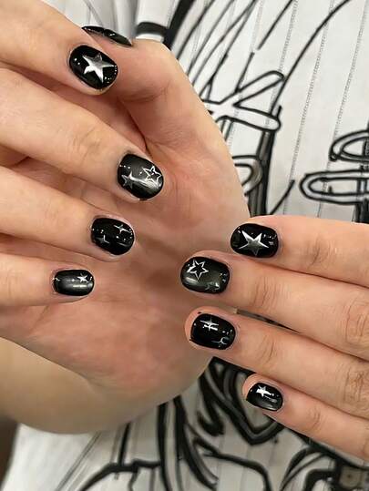 24pcs Short Square Press On Nails, Silver Star Design Cat Eye Short Nails Full Cover Glossy False Nails Set, Include: 1pc Jelly Glue And 1pc Nail File, Easy To Wear Daily Fake Nails & French Tip Nails Press On Art For Men And Boys Daily Life