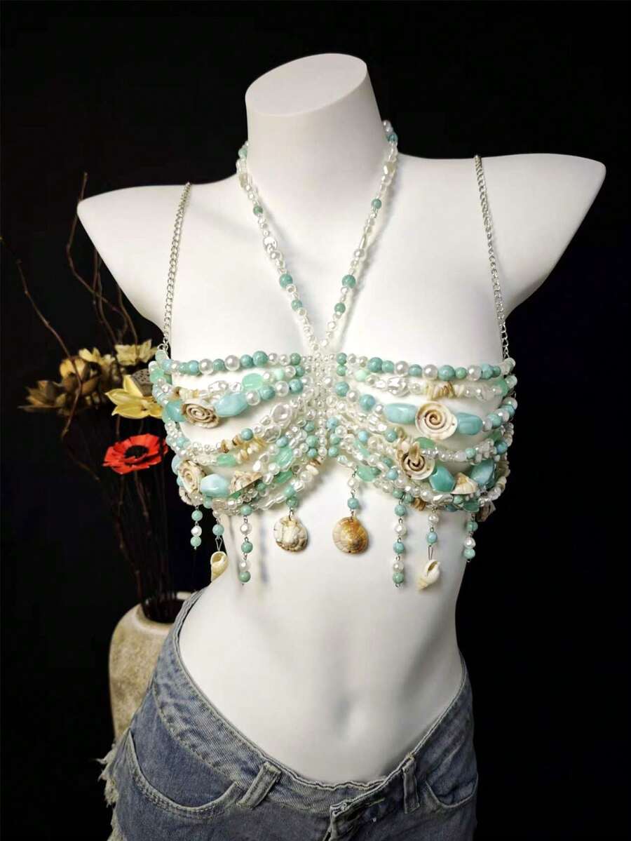2026 Spring/Summer New Unisex Body Chain, Sexy Acrylic Crystal Pearl Sequin Shell Seashell Body Chain Metal Iron Chain Accessories For Party, Beach, Music Festival, Bikini - Màu xanh lam - Xem 1