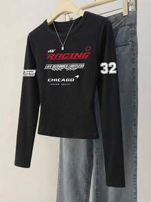 女士黑色圆领长袖修身短款T恤，美式街头性感风，黑色赛车风修身长袖上衣，Y2K女孩风格，秋冬女装，长袖上衣，黑色衬衫，男童衬衫，情人节女友礼物，情人节，情人节穿搭 - 黑色 - 查看 3