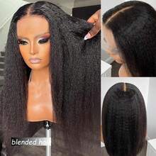 34 Inch Kinky Straight Lace Front Wigs Human Blended Hair, 180% Density Yaki Straight 13x4 Lace Frontal Wig Brazilian Human Blended Hair Wigs For Women Pre Plucked With Baby Hair Natural Black - Natural & Black - View 5