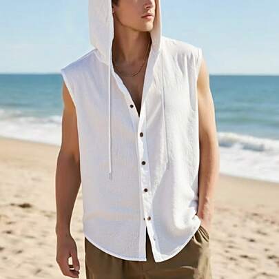 Camiseta sin mangas con capucha para hombre, mezcla de algodón y lino, modelo 2026| Estilo informal de playa, juvenil y alegre, silueta favorecedora.