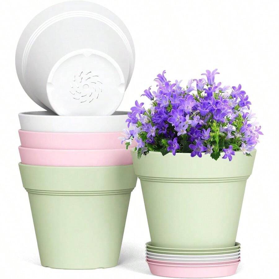 5 Inch Plastic Plant Pots With Drainage Holes And Trays - 6 Pack Small Nursery Pots Indoor Outdoor House Plants And Flowers, Seedling Starter Planters, Colorful - 黑色 - 查看 1
