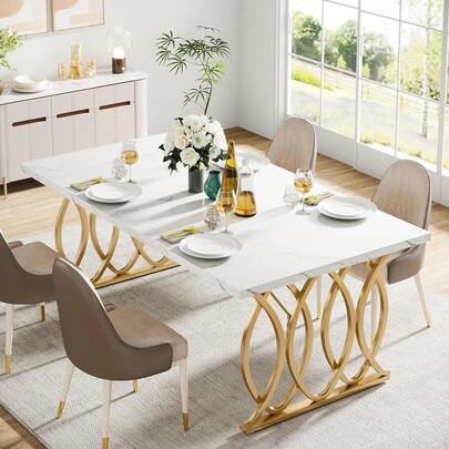 LITTLE TREE 63" Modern Dining Table For 4-6 Seater, Faux Marble Top Kitchen Table With Geometric Legs For Dining Room