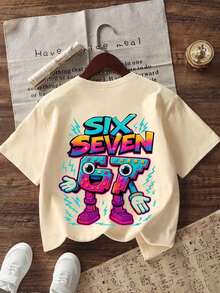少女创意“六七67”卡通印花T恤，适合女孩户外运动、日常休闲穿着、街头风、校园风，是春夏百搭时尚上衣。 - 杏色 - 查看 7