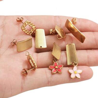 10件套304不锈钢镀18K金点状镂空圆形多款式耳钉配件，DIY精美首饰耳环套装，女士不锈钢耳环，金色耳环，适合女性日常佩戴