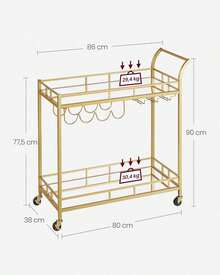VASAGLE Carro de Bebidas, Carrito de Bar, 38 x 86 x 90 cm, Carro de Servicio con 2 Estantes, para Comedor, Bar, Cocina, Dorado MLRC090A03 - Aire - Ver 6