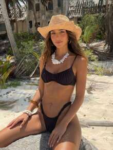 Women's Ruched Bikini Top With Spaghetti Strap And Thong Bottoms Set, Suitable For Beach Vacation Black Summer - Black - View 2