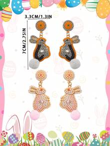 2Pairs Handmade Easter Bunny Seed Bead Dangle Earrings Set For Women, Glittery Rhinestone Grey-Orange & Pink-White Rabbit Drop Earrings With Pom Pom, Daily Party Vacation Easter Gift - Multicolor - View 9