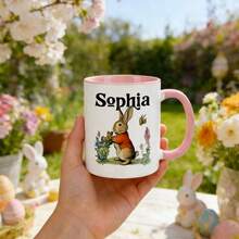 1pc, 11oz Customized Easter Bunny & Floral Text Ceramic Mug, Cute & Sweet, Suitable As Gift For Girlfriend, Valentine's Day, Best Friend, Mom, Family, Pink Or Black Mug, Father's Day, Birthday, Appreciation - All Black - View 10