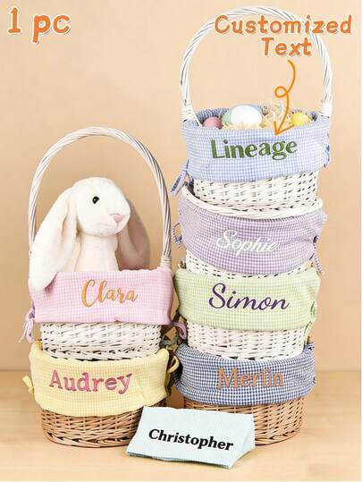 1 st personligt broderad namn bomullsgingham påskkorg, rottingkorg