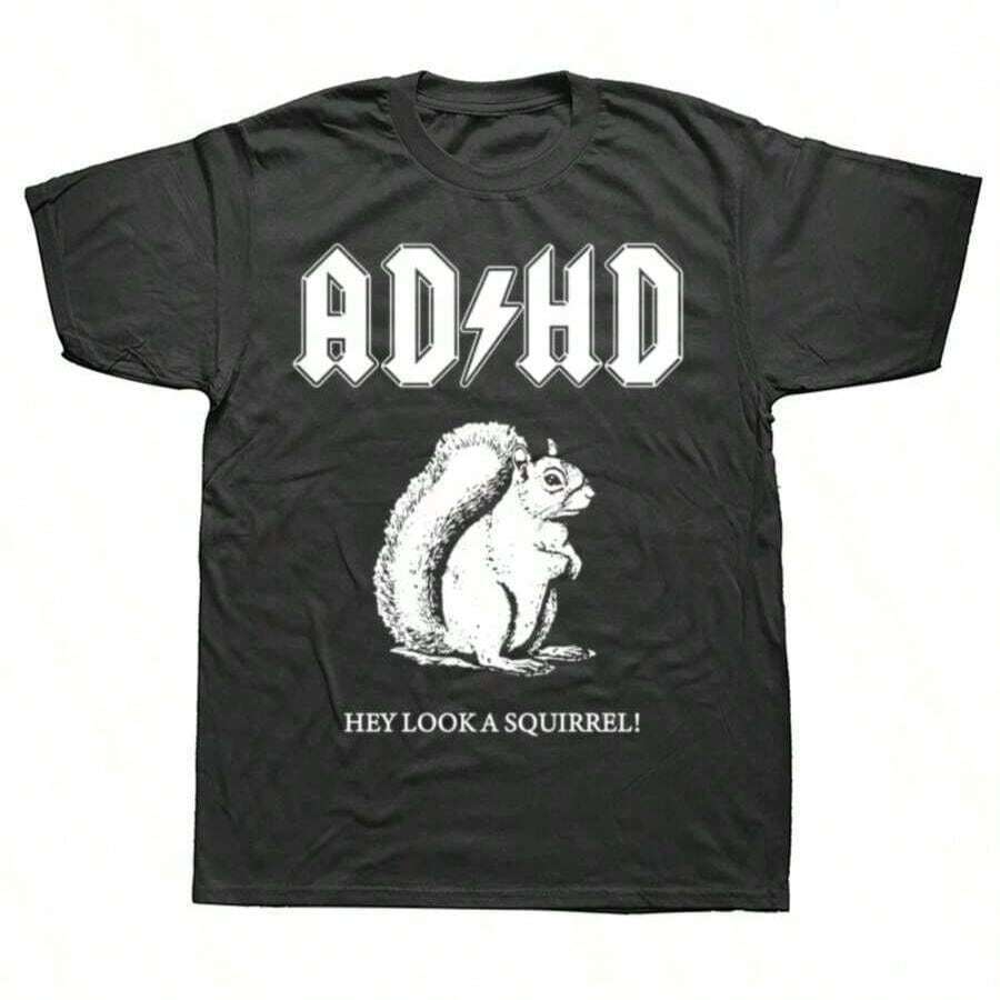 ADHD In Its Original Form Squirrel T Shirt Squirrel T-Shirt Tops Tees Oversized Cotton Holiday Short Sleeve Mens Clothes - Black - View 1