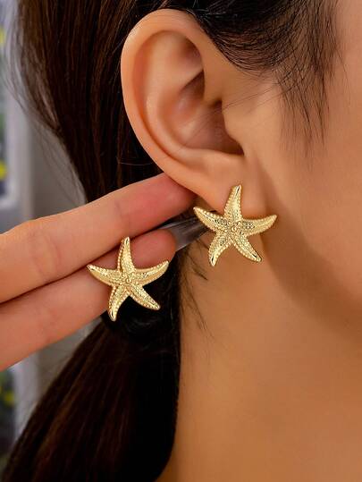 1 par de pendientes de botón con diseño de estrella de mar de aleación de zinc minimalista, adecuados para uso diario, fiestas, playa, bodas, bailes de graduación, campus y otras ocasiones de las mujeres