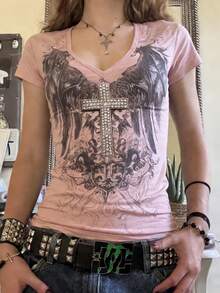 Women Y2k Grunge Shirts Emo Clothes Short Sleeve Crop Tops Fairy Grunge Graphic Print V Neck Slim Fit Babydoll T-Shirts Gothic Basic Tees Summer Aesthetic Going Out Tops Daily Casual Streetwear - 粉色 - 查看 5