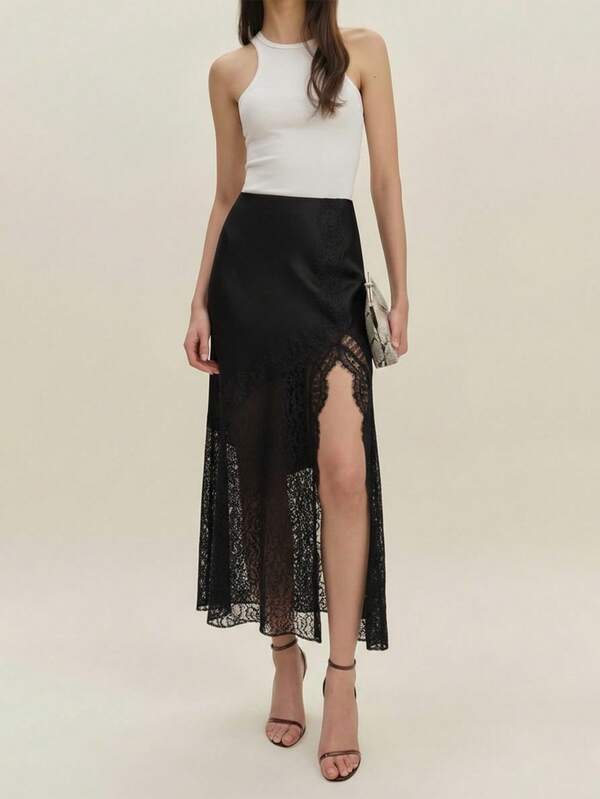 Women's Elegant Satin & Lace Patchwork High Waist Skirt With Slit Black Summer