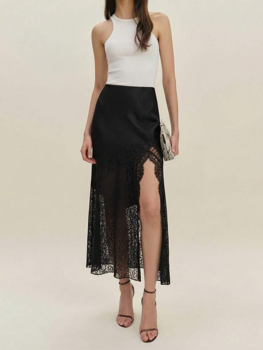 Women's Elegant Satin & Lace Patchwork High Waist Skirt With Slit - Black - View 1