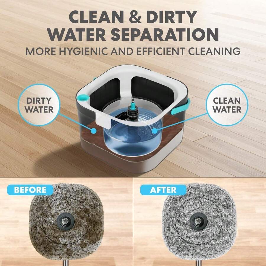 360° Square Spin Mop And Bucket System – Dual Compartment, Separate Clean & Dirty Water – 3 High-Absorbent Microfiber Washable Heads – All Types Floor Cleaning - A - View 1