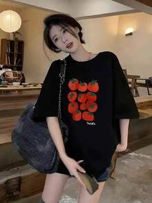 Japanese Style Women's Loose Casual Crew Neck Cartoon Tomato & Fruit Print Short Sleeve T-Shirt, Versatile For Spring/Summer - Advanced Black - View 4