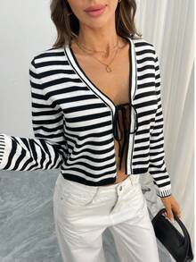 1pc Striped Knit Fabric Ribbed Tie-Front Cardigan, Suitable For Office, Casual, Evening Date, Vacation, Spring/Summer/Autumn - Multicolor - View 2
