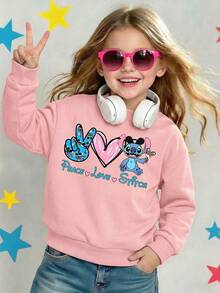 Disney Lilo & Stitch Peace Love & Mickey Ice Cream Graphic Comfortable Print Young Girls' Long Sleeve Sweatshirt, Suitable For Autumn/Winter, Lightweight And Cozy, Great For Layering In Fall, Fashionable Casual Wear, Graphic Design, Back To School Season, Autumn, Back To School Party, Suitable For Outdoor Picnic, Street Photography, Home, Campus, Holidays, New Year Gift - Pink - View 2