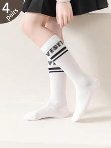 4双装儿童舒适透气双横杠字母提花过膝袜，四季皆宜 - 彩色 - 查看 2