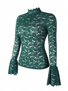 Women's Lace Collar Hollow Long Sleeve Slim Fit Top, Green, Suitable For Summer, Ramadan, St. Patrick's Day - Green - View 2