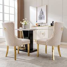 Dining Chair With A Unique Striking Unit At The Back, 2 Stations With Studded Head Trim, Gold Stainless Steel Support Legs, Velvet Fabric - Beige - View 3