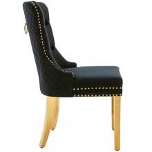 Matstol med unikt slående element baktill, 2 stationer med nitade huvuddetaljer, stödben i guldfärgat rostfritt stål, sammetstyg - Svart - Visa 7