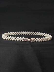 Women's Rhinestone Pearl Waist Chain Flower Buckle Belt Elegant Dress Decoration For Wedding And Party - C - 查看 1