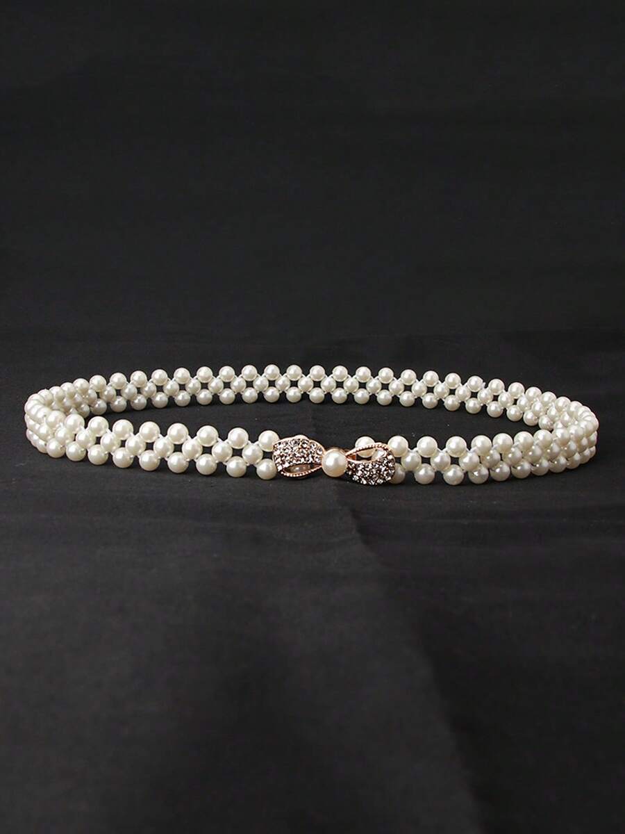 Women's Rhinestone Pearl Waist Chain Flower Buckle Belt Elegant Dress Decoration For Wedding And Party - C - 查看 1