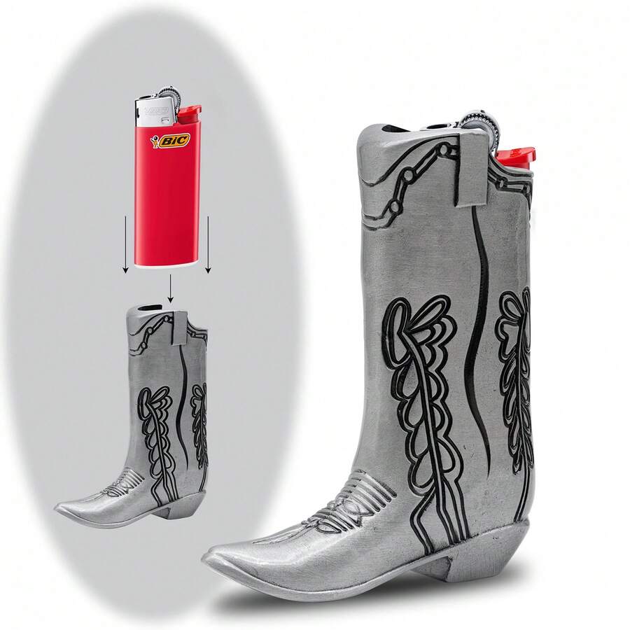 Fashionable Silver Cowboy Boot Shaped Lighter Case - Suitable For Mini Bic J5, Perfect For Party And Daily Use 3GCO - 1 - View 1