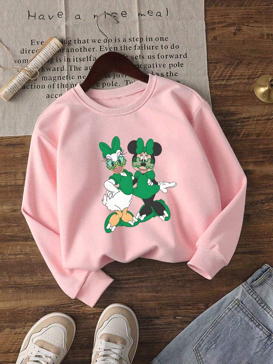 1pc Disney Saint Patrick's Day Minnie Mouse & Daisy Duck Vibrant Green Festive Graphic Tween Girls Cute Sweatshirt - Lightweight & Easy To Wear, Great For Saint Patrick's Day Parties & Weekend Outings - Hồng - Xem 1