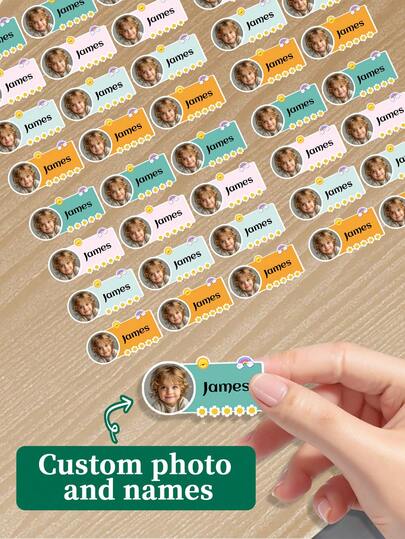 60Pcs Personalized Photo-Name Stickers For Children​ - Vibrant Labels Featuring Custom Child's Photo, Name (E.G., "James"), And Charming Motifs (Daisies, Rainbows, Suns). Ideal Gift For Parents, Teachers, And Kids. Perfect For Labeling Bottles, Lunch Boxes, School Items.