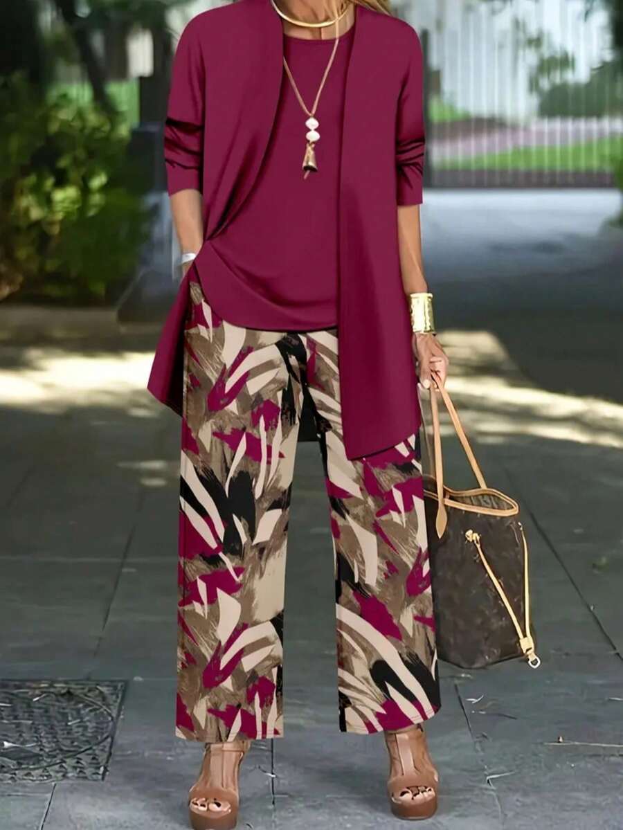 3pcs Women's Fashionable Printed Commuting Outfit Set Spring Vacation - Burgundy - View 1