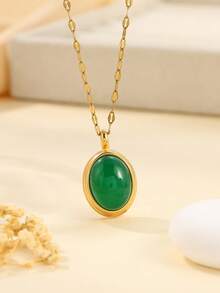 1 chiếc dây chuyền vàng cổ điển bằng thép không gỉ, mặt dây chuyền đá quý màu nâu, thích hợp cho nữ giới đeo hàng ngày hoặc làm quà tặng. - Vàng - Xem 2